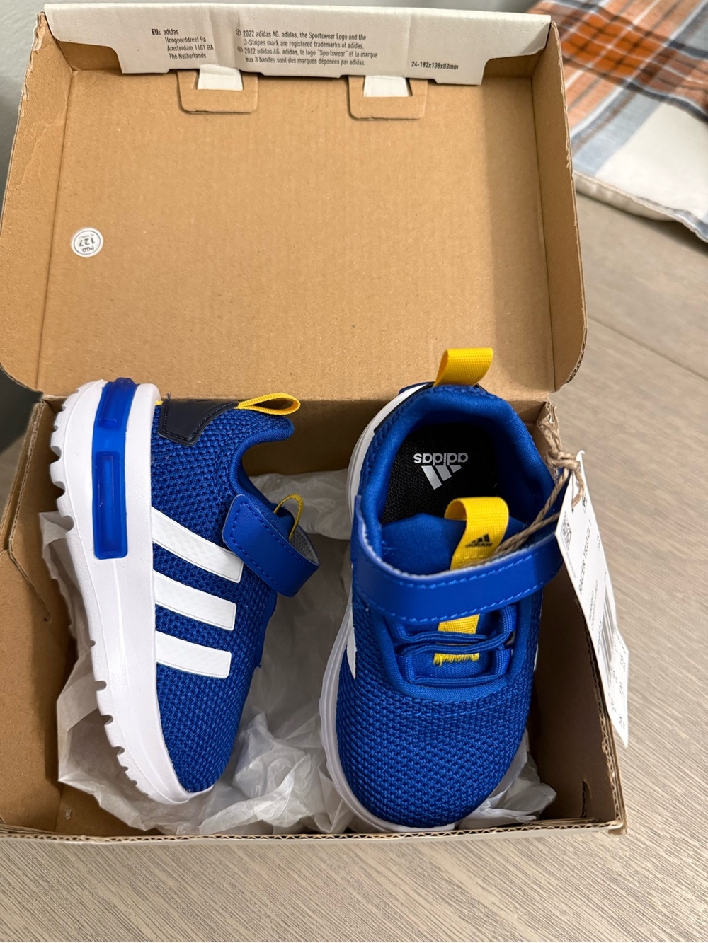 adidas Royal Blue Kids Sneakers with White Stripes and Yellow Pull Tabs